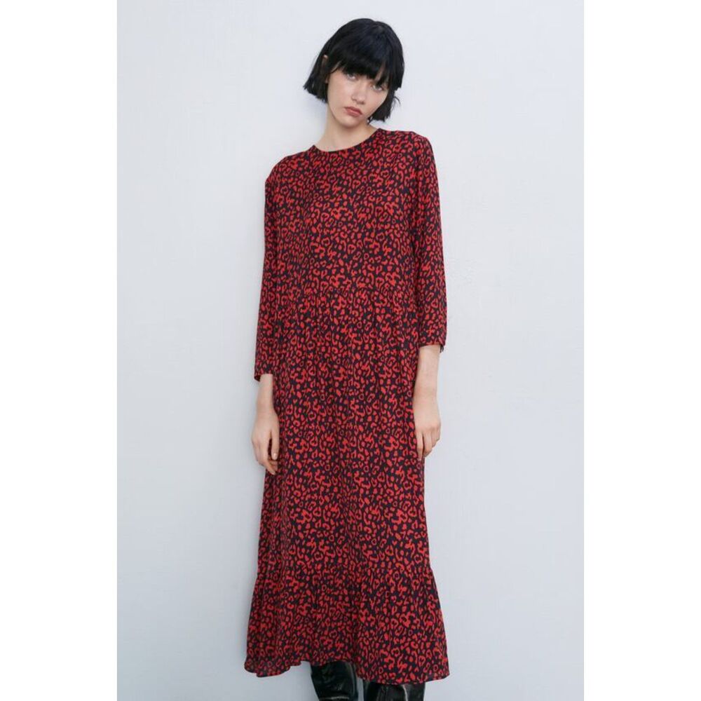 ZARA Red Black Leopard Print Long Sleeve Tiered Ruffle Hem Midi Dress Medium